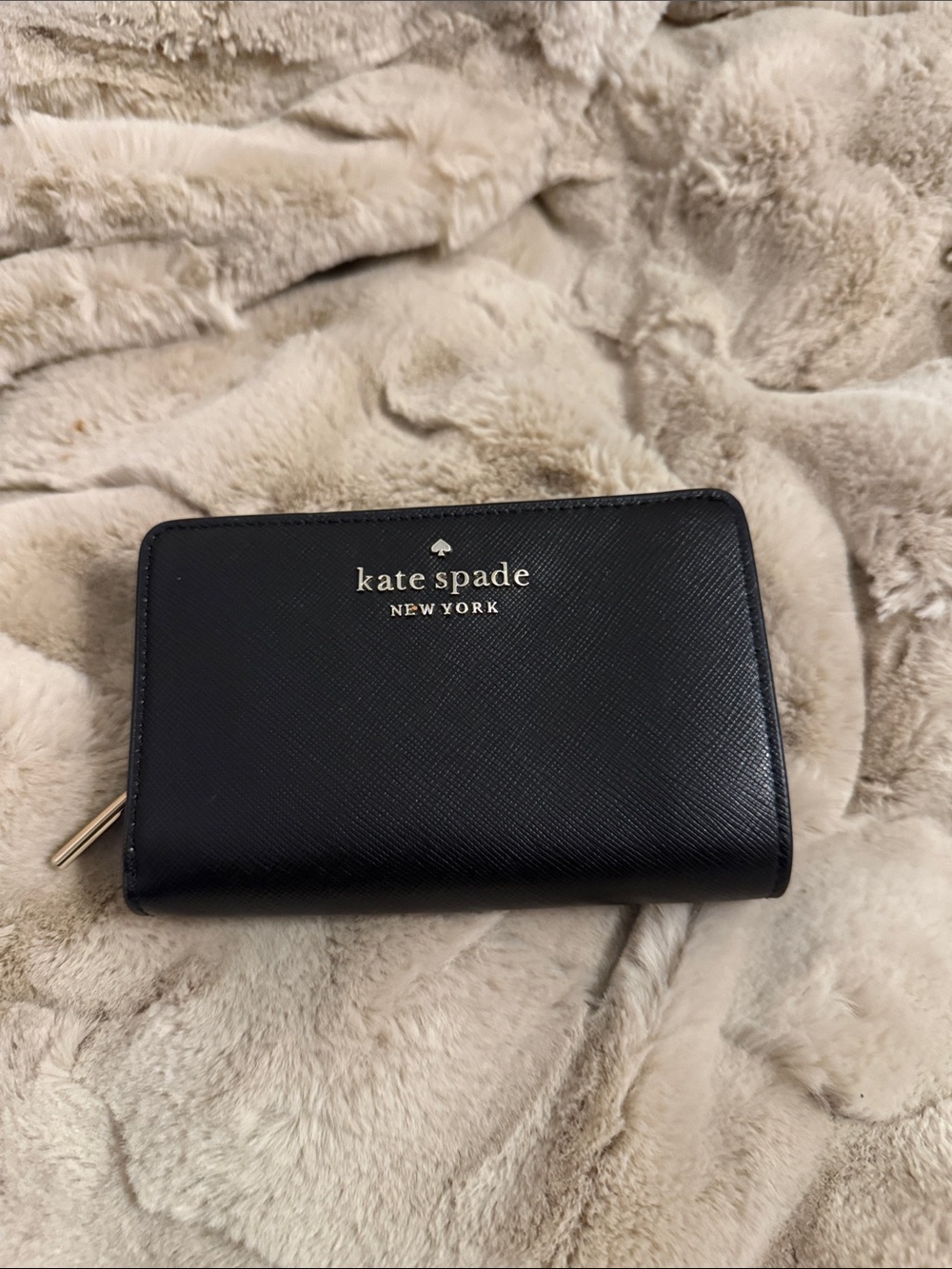 kate spade Black Textured Leather Zip-Around Wallet with Gold Logo